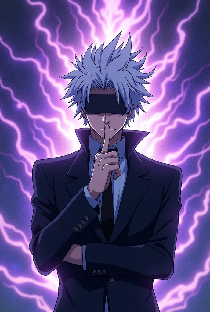 Satoru Gojo, hair up,blindfolded, 2 fingers crossed to the mouth with a purple power,anime image.