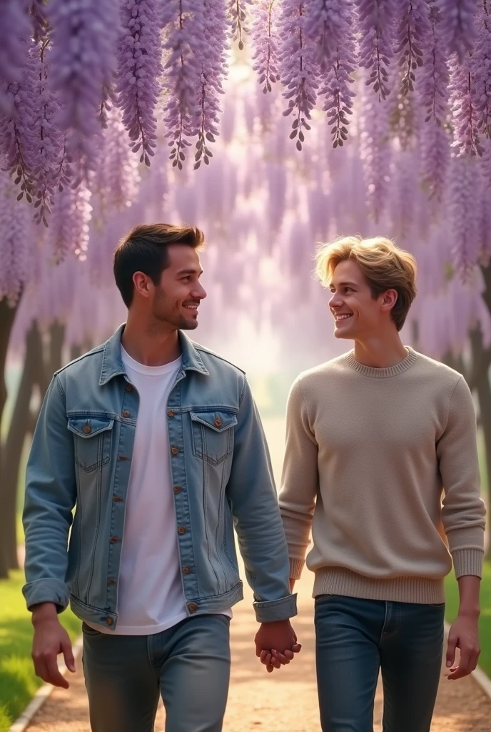 Cinematic image of two men holding hands walking under flowering wisteria trees