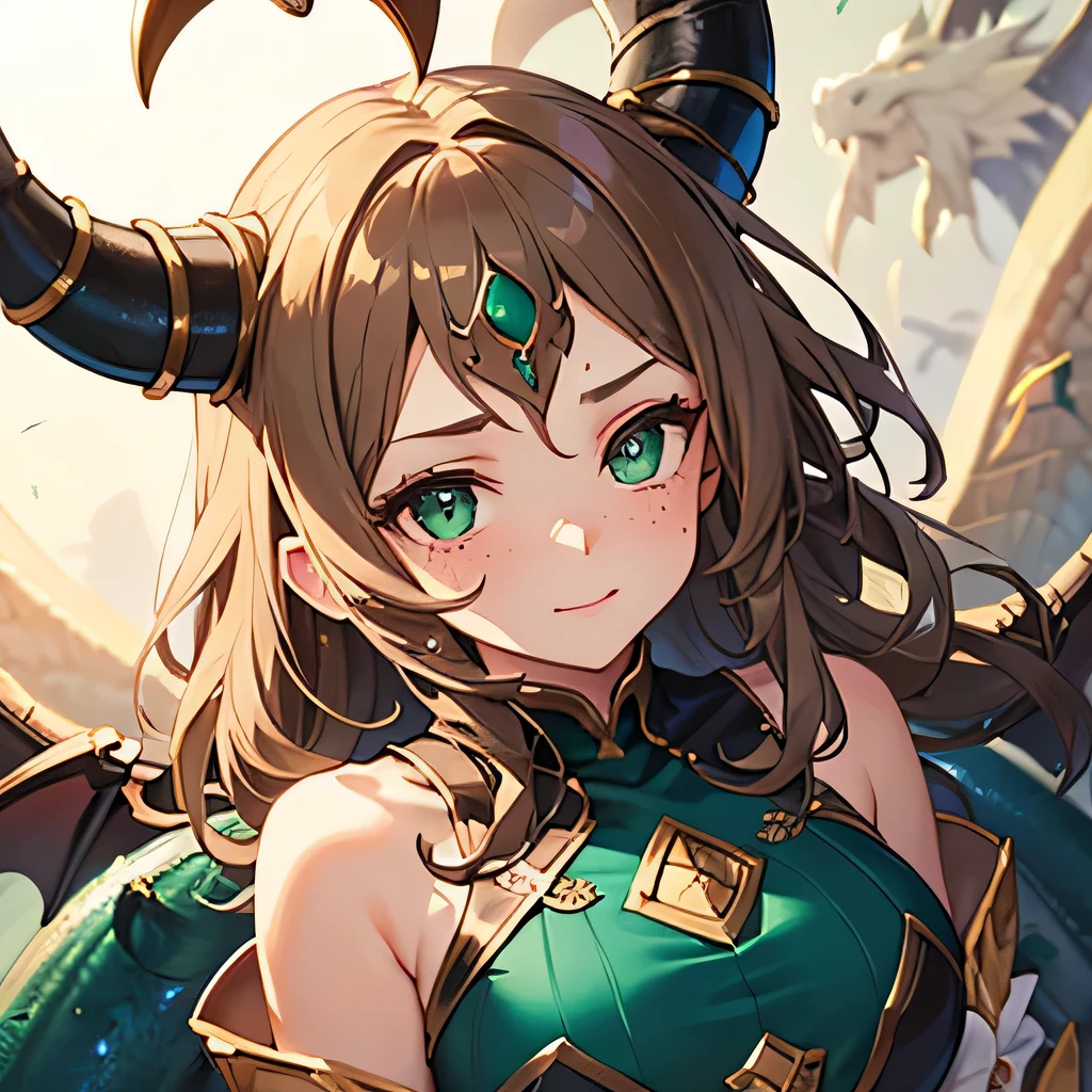 ((best quality)), ((masterpiece)), (detailed), 1girl, Gender is girl. Slightly freckled face. Light brown curly hair. Emerald green eyes. Dragon girl. Big shining blue dragon horns. Horns coming out of forehead. Green sacred lines on her cheeks.