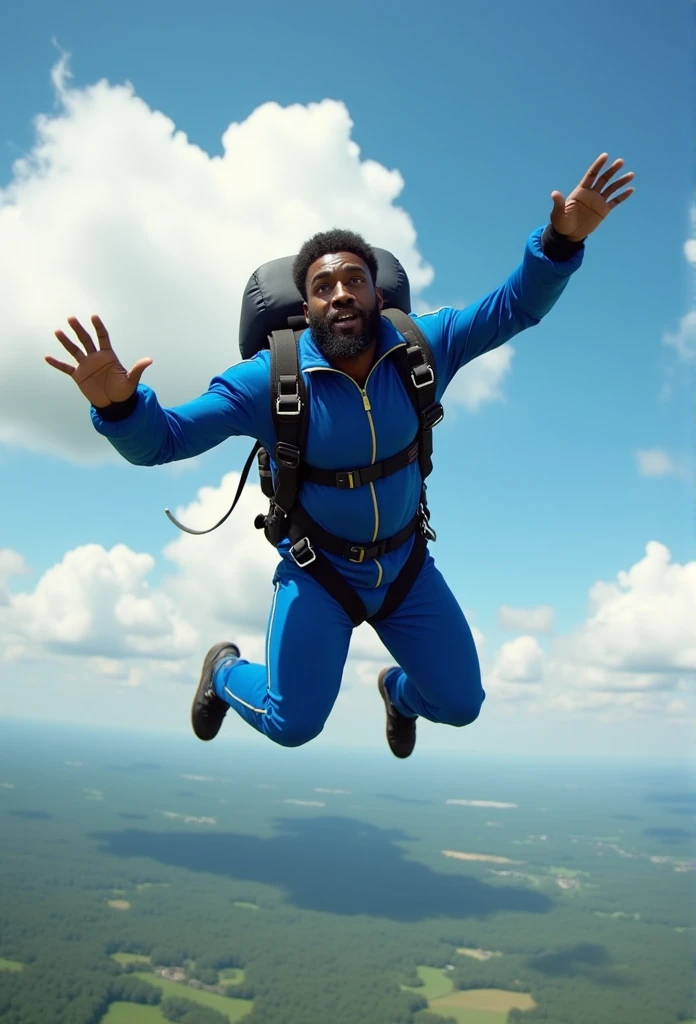 Bearded black man jumping badly from a parachute