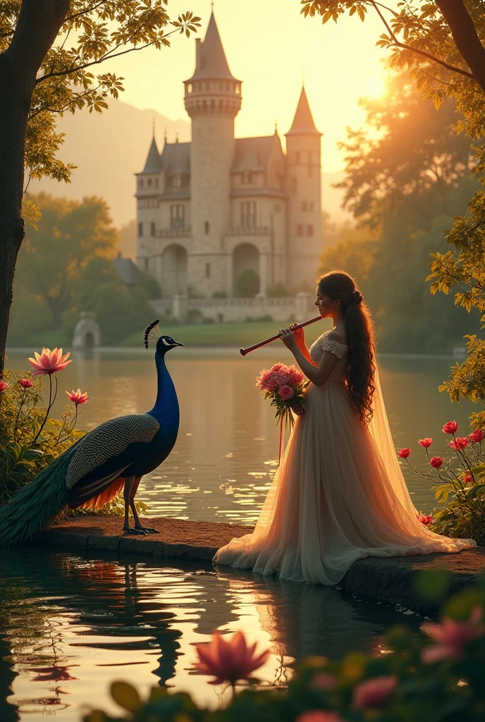 Lily or orchid and peacock or swan and violin or transverse flute and castle