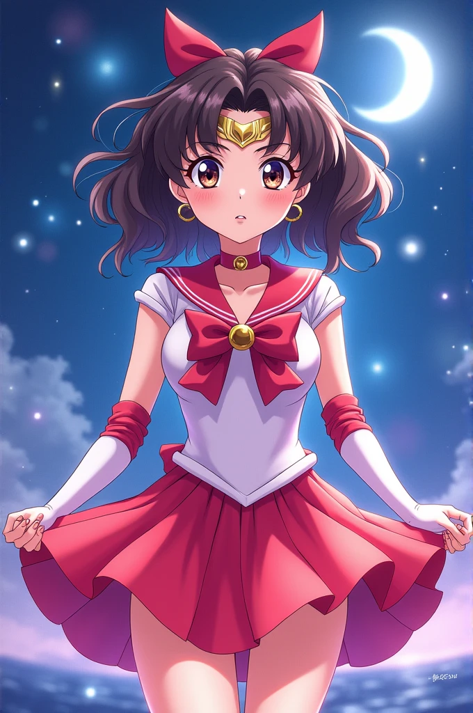 Sailor moon style anime. A girl with wavy hair and short bangs, dressed in a pink and red sailor dress, pale skin, brown eyes and a turned-up nose.