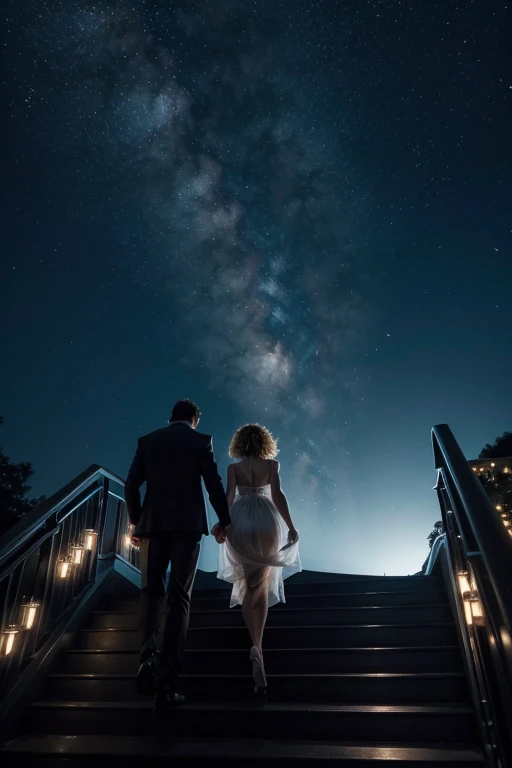 A first-person view of a man looking up, with his hand dramatically outstretched towards the night sky. From a distance, a blonde girl with slightly curly hair falling to her waist walks away, ascending a glass staircase that shatters with each step. The shards fall, sparkling like a shower of shimmering glass. She wears a dazzling blue lunar-themed dress and is gazing at the enormous, bright blue full moon that shines intensely above her, illuminating the scene with an ethereal, magical glow. She is thin, He is turning his back, walking away, climbing the stairs towards the bright moon.!