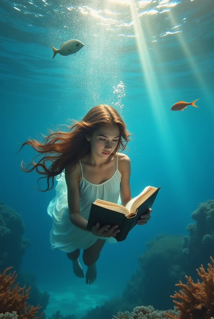 A person underwater reading a bible