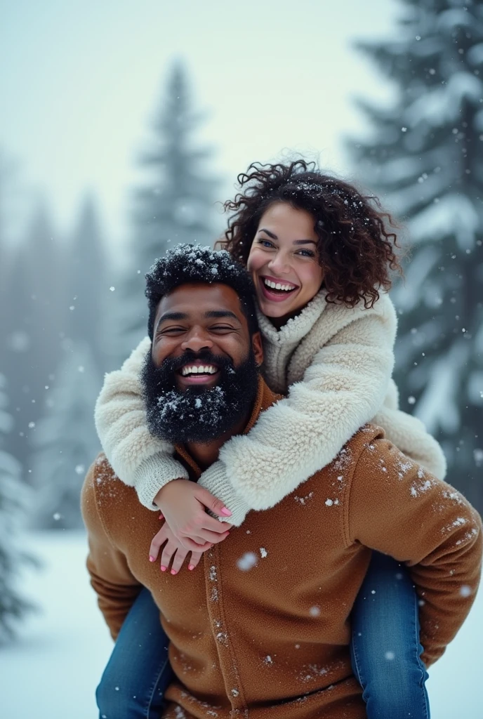 a one woman, Brunetette, Short girl with curly hair, climbing on the back of a dark-skinned man, plumpness, bearded in the snow