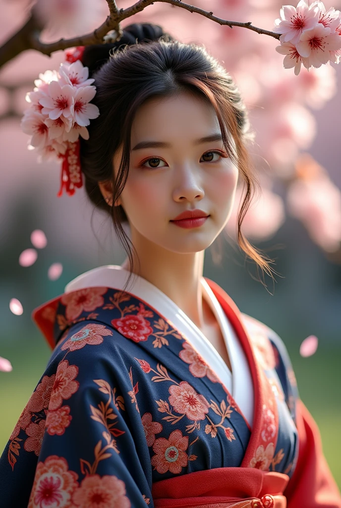 A Japanese woman wearing a vibrant kimono under natural light、A close-up of her chest and calm expression.、It shows her inner peace and outer charm.。