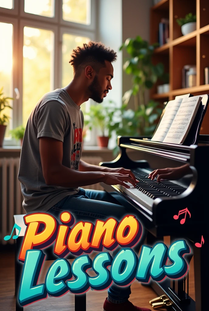 Black man in his 20s piano lessons from home flyer