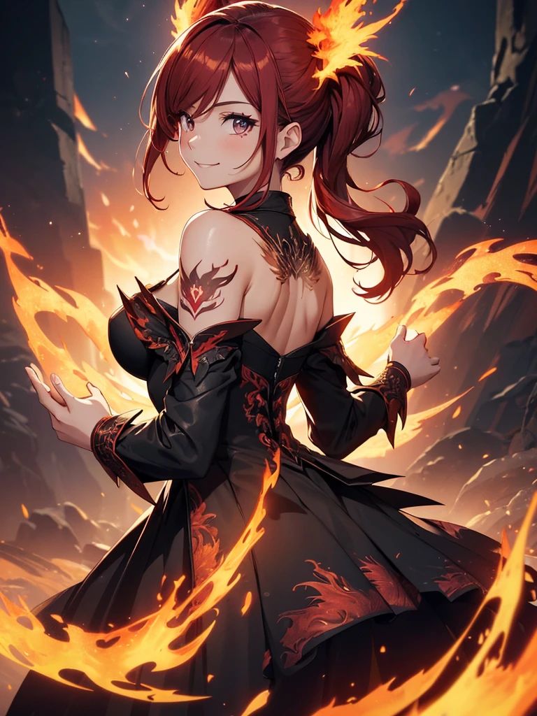 (((best quality, sharp image, clear image, cinematic lighting, 8k resolution, masterpiece, ultra detailed, intricate))) Girl casting magic, (((looking over left shoulder))), (shot from behind), ((shot from hip up)), fiery red hair, pigtails, ((intricate black dress)), ((flaming sigils, flaming runes)), spiky rock formations, (flaming lotus flowers frame), (intricate background), (chaotic background), ((Phoenix)), (swirling flames), smiling,tatoo on back