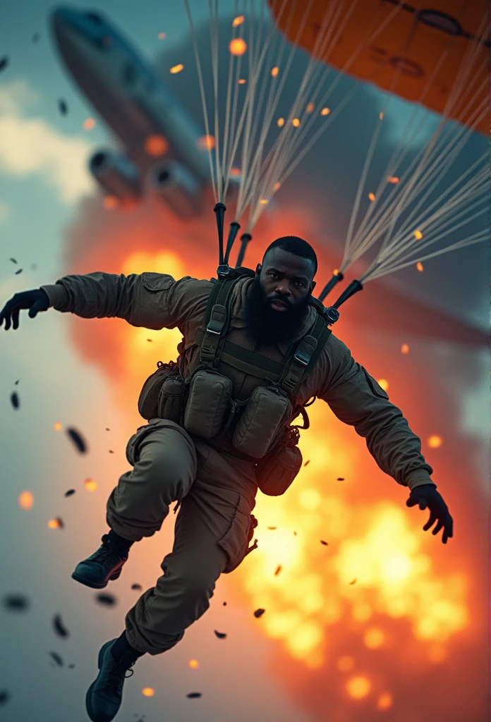 A vibrant image of a Brazilian Air Force soldier, a black bearded man, parachuting from an exploding airplane.