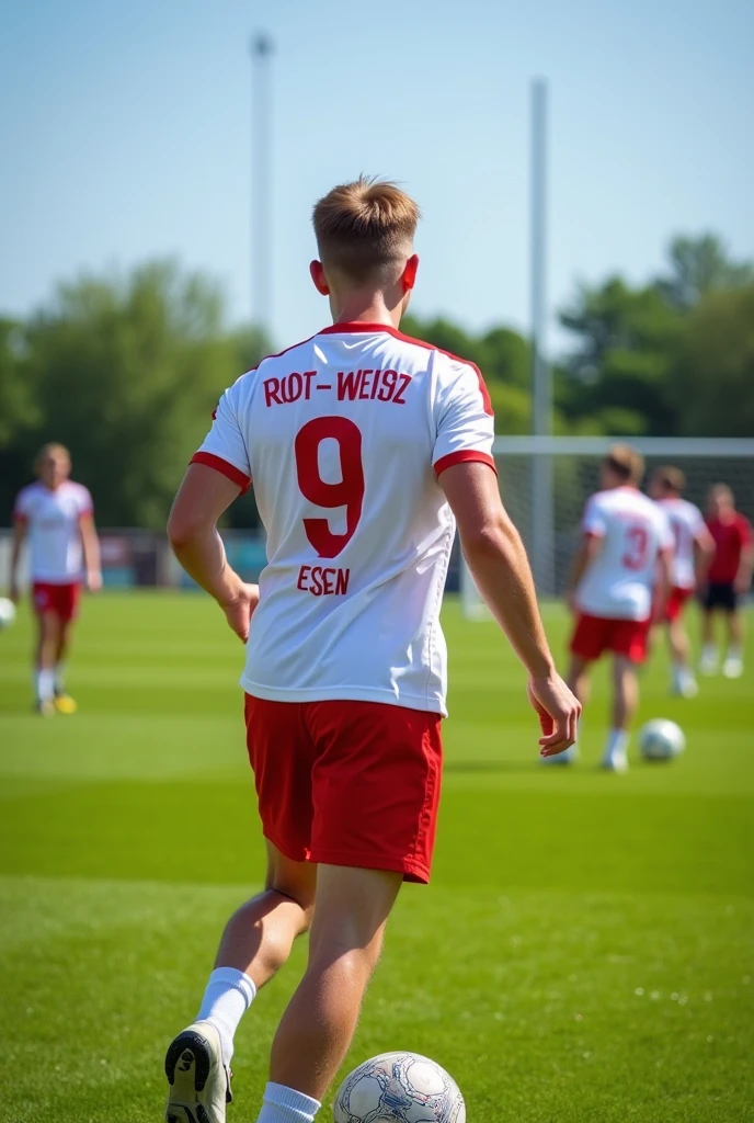 A 17 year old football player training in training camp ,Wearing a white and red jersey,Number 9, The jersey says Rot-Weiss Essen , photographed from behind, light brown short hair