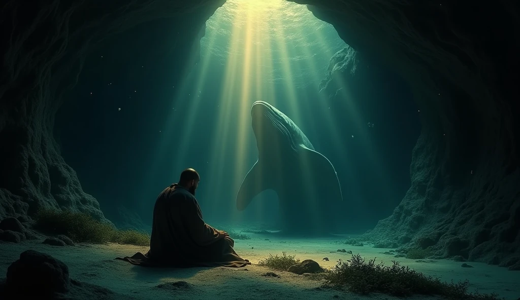 A dark image of Jonah, peace be upon him, inside the belly of the whale, sitting and looking contemplative and regretful, with a ray of light symbolizing hope.