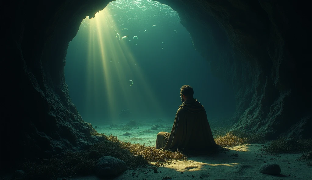 A dark image of Jonah, peace be upon him, inside the belly of the whale, sitting and looking contemplative and regretful, with a ray of light symbolizing hope. 