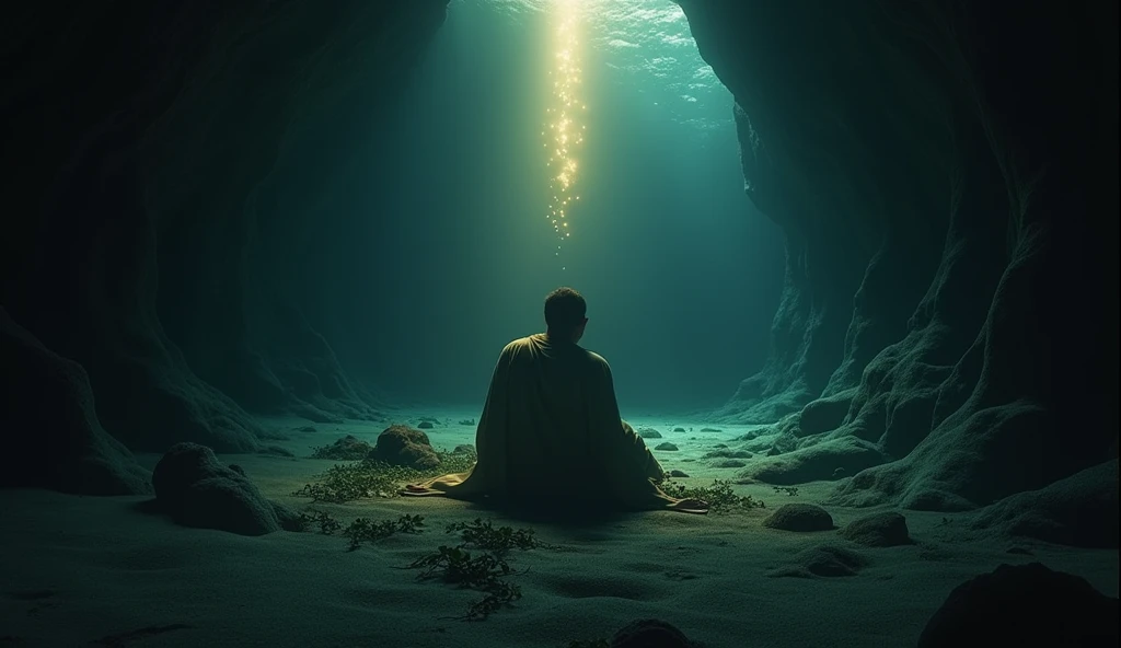 A dark image of Jonah, peace be upon him, inside the belly of the whale, sitting and looking contemplative and regretful, with a ray of light symbolizing hope.