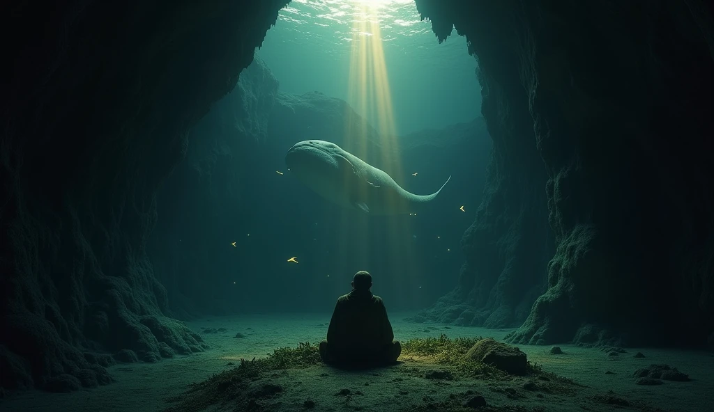 A dark image of Jonah, peace be upon him, inside the belly of the whale, sitting and looking contemplative and regretful, with a ray of light symbolizing hope.