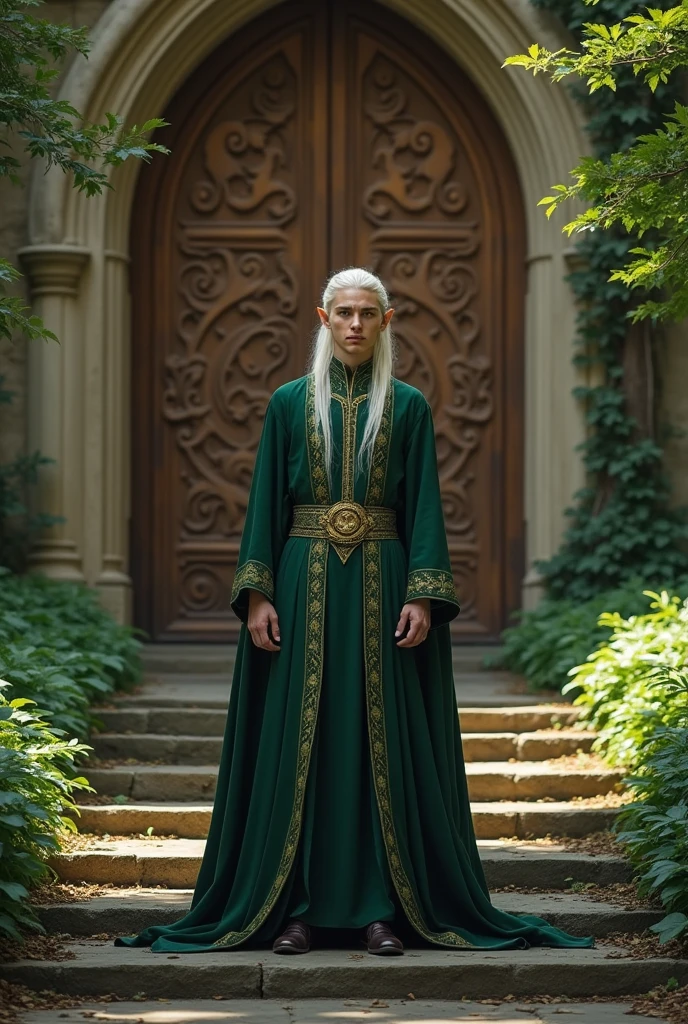 Beautiful youthful face Elf King Thranduil standing on steps in front of a great wooden door