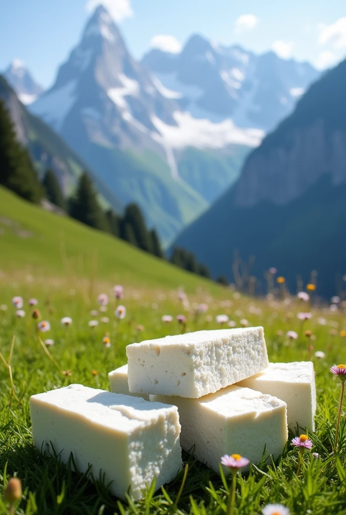 Blocks of feta cheese on alpes mountains 
