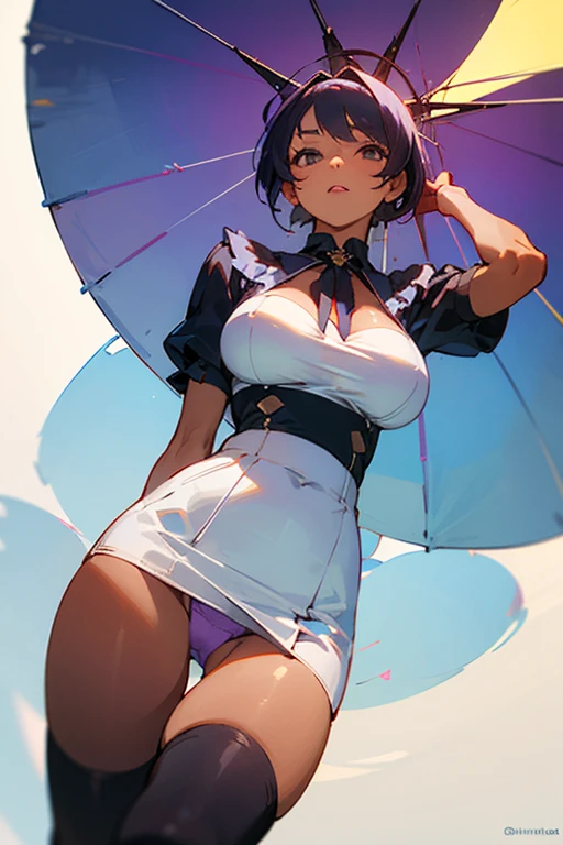 (Best Quality)), ((masterpiece)), (detailed), 1 girl, with short white skirt, purple panties with black, black stockings, blouse with neckline, big breasts, tanned skin,((Whole body)),((view from below))