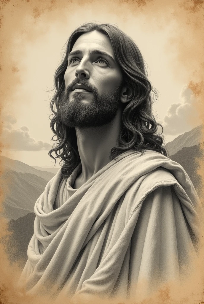 Create an image of Jesus Christ in the style of a black pencil drawing on a sheet of paper with an aged, slightly brown appearance., Create something similar to the aimgem you sent me in the image tip, and create it with a very old appearance, over 100,000 years old.