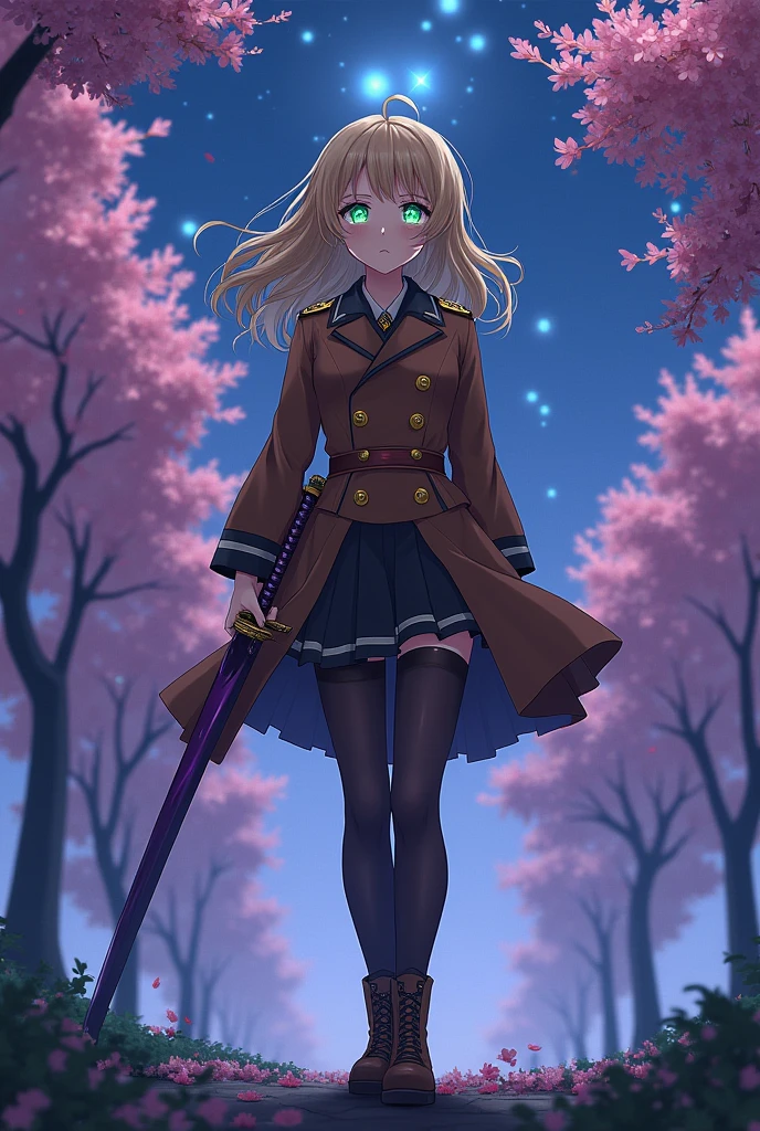 Captura de pantalla de kimetsu no yaiba. A girl with phosphorescent green eyes, beige wavy hair, wearing Mitsuri's uniform but with the top covered, and that the uniform is brown with yellow buttons on the torso, that she has long stockings and a purple katana.