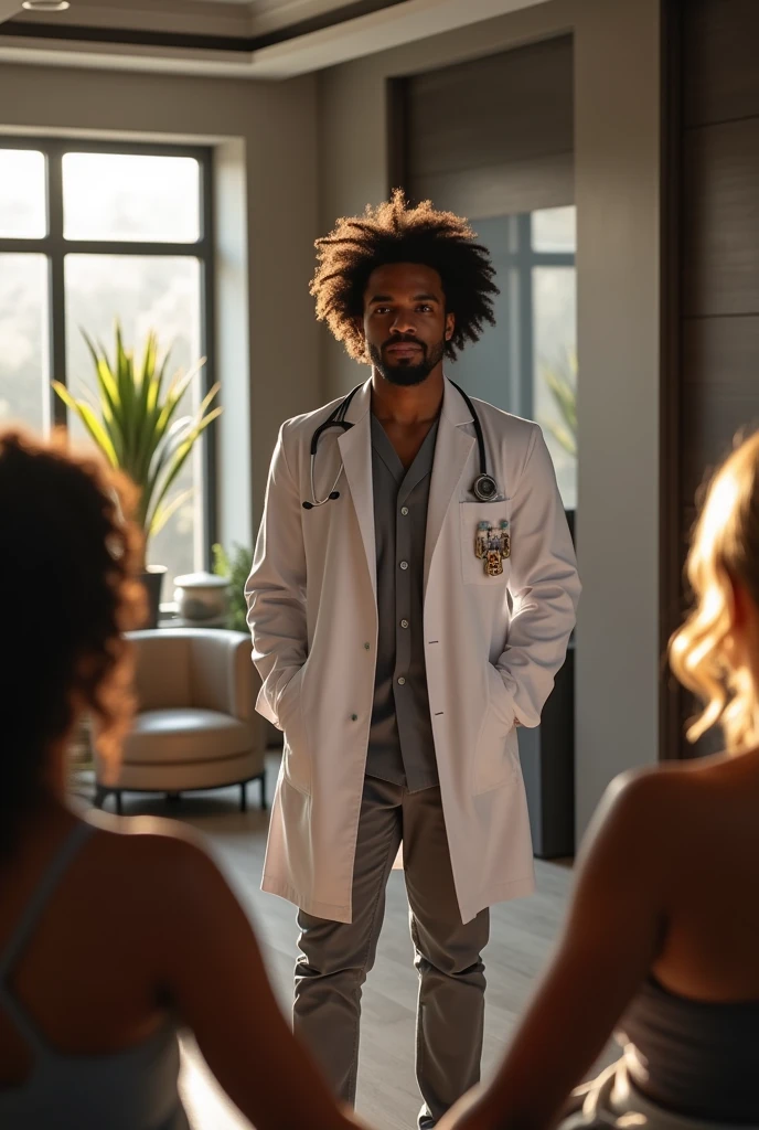 Make a picture of a sexy MALE doctor with curly hair (Afro style hair but not too voluminous) and beard, and that her hair is mostly curly , Serving 3 sexy white women in his private office