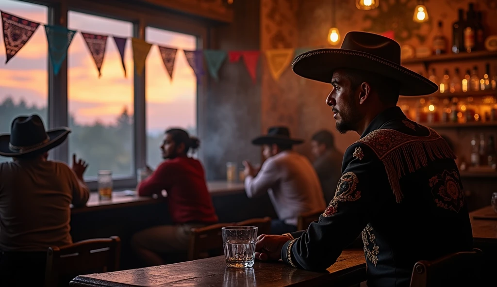In a cantina, amidst smoke and liquor, a young Mexican charro of 30 years old, absorbed in his thoughts., He holds a nearly empty glass in his hands, while looking through a window where the twilight can be seen on the horizon, 16:9, very detailed shadows and lights accentuate the melancholic atmosphere of the scene, classic atmosphere of a traditional Mexican cantina, in the image there are other people sitting at other tables talking, and you can see the bar of the cantina, all with elements of traditional Mexican culture