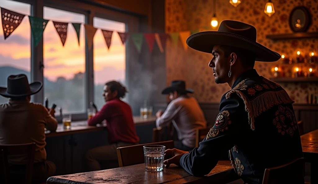 In a cantina, amidst smoke and liquor, a young Mexican charro of 30 years old, absorbed in his thoughts., He holds a nearly empty glass in his hands, while looking through a window where the twilight can be seen on the horizon, 16:9, very detailed shadows and lights accentuate the melancholic atmosphere of the scene, classic atmosphere of a traditional Mexican cantina, in the image there are other people sitting at other tables talking, and you can see the bar of the cantina, all with elements of traditional Mexican culture