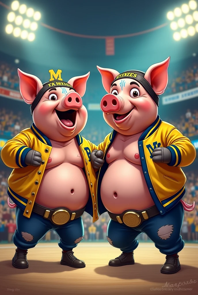 Cartoon pigs dressed like wrestling tag-team the Steiner brothers. Both are shirtless but wearing college wrestling head gear and Michigan varsity jacket