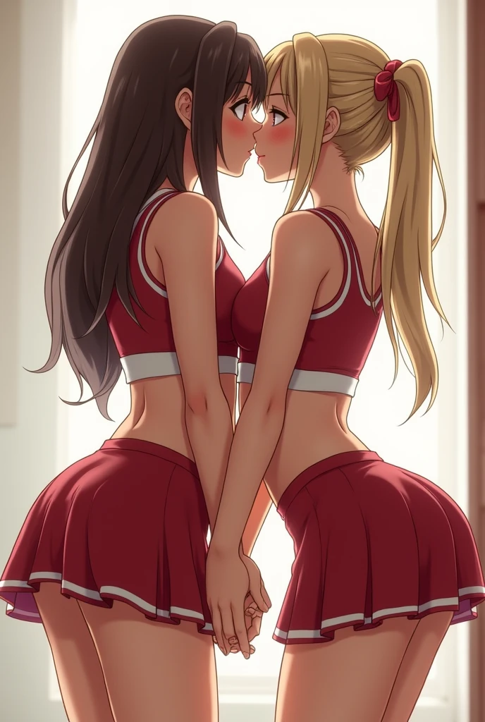 extremely detailed picture of 4 cute cheerleader girls kissing in short skirts showing panties with their hands on each other’s butts