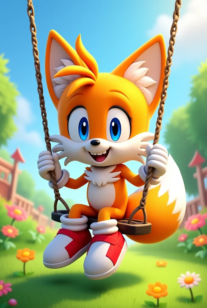 Tails Prower, Miles Prower, solo, looking at viewer, smile, 1boy, sitting on a swing full body, 2d animation with his shoes and gloves on