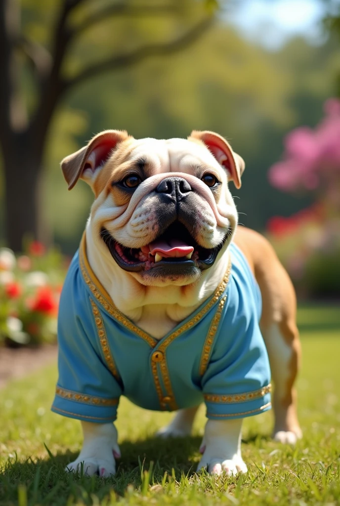A bulldog wearing a light blue Simón Bolívar costume