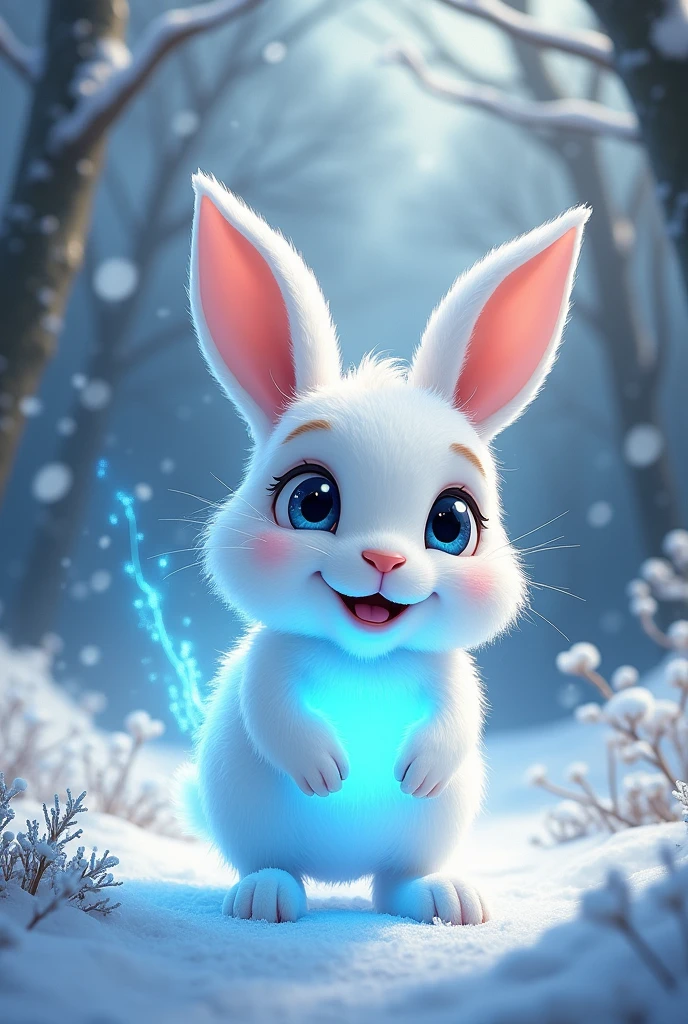 White rabbit with blue rays coming out of its body, harsh winter, cartoons 