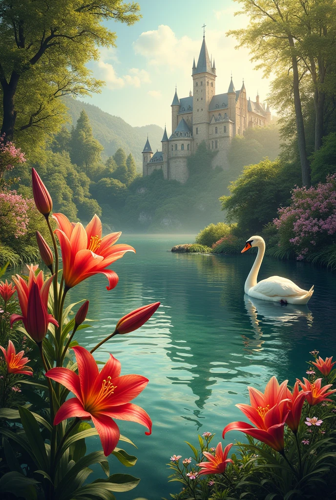 Lily or orchid and peacock or swan and violin or transverse flute and castle no people