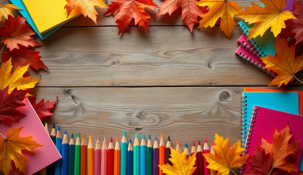 Top view of a wooden table filled with school supplies such as notebooks, pencils, surrounded by autumn leaves symbolizing the beginning of a new school year.