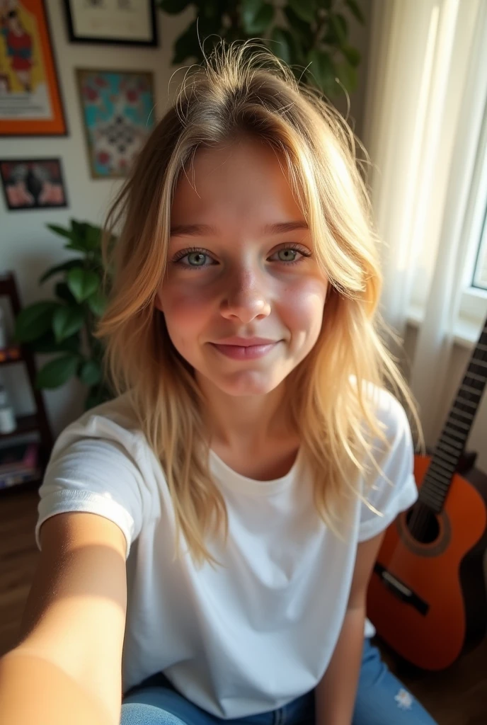 create 16 year old girl, average looking blonde, blue eyes, looking directly into camera, upper body selfie, wearing casual clothes, side view, at home