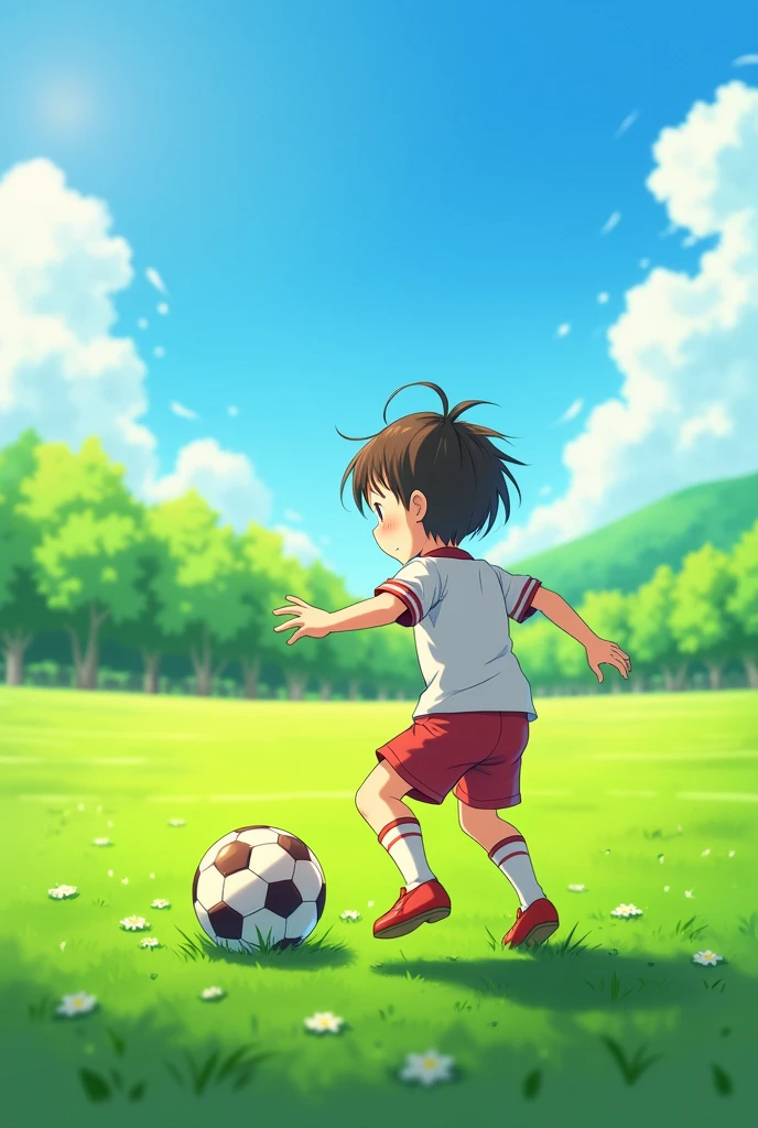 Photo of a child playing ball with their back to the camera,
on football field, sideways anime