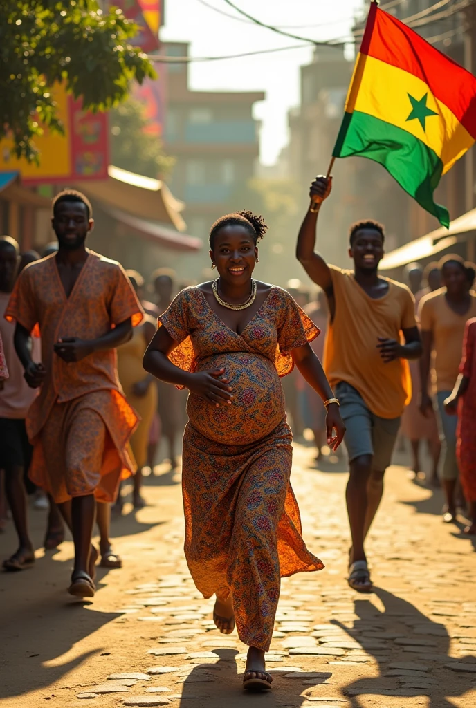 Femme sénégalaise enceinte qui poursuivent un homme blanc avec drapeau Sénégal 