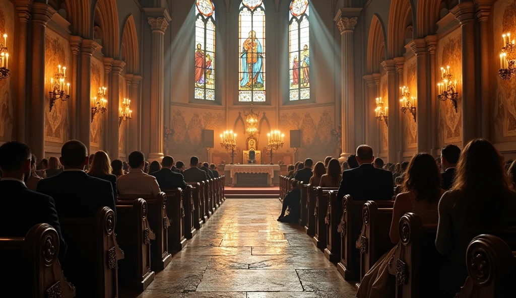 A serene and contemplative scene of people gathered inside a church. The interior is bathed in soft, warm light streaming through stained glass windows, casting colorful patterns on the stone floor. The congregation, dressed in a range of formal and casual attire, is seated or standing in quiet reverence. Some individuals are deep in prayer, while others are engaged in quiet reflection or listening attentively to a sermon. The church’s interior features ornate wooden pews, a majestic altar with candles, and religious icons or artwork adorning the walls. The overall atmosphere is one of peace, unity, and spiritual devotion.