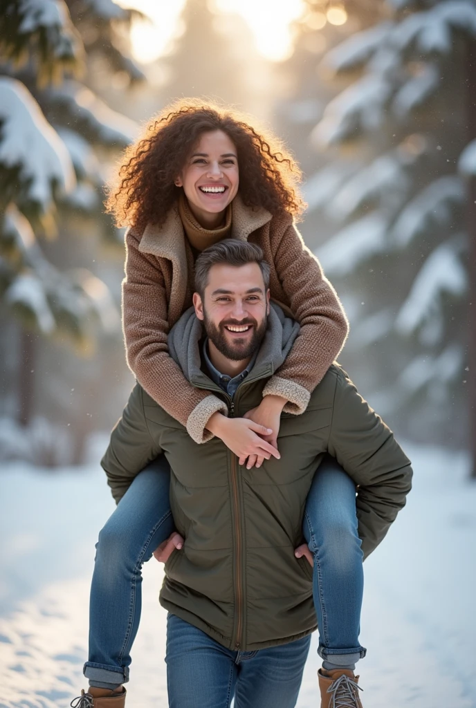 a one woman, Brunetette, Short girl with curly hair, climbing on the back of a light-skinned man, plumpness, bearded in the snow