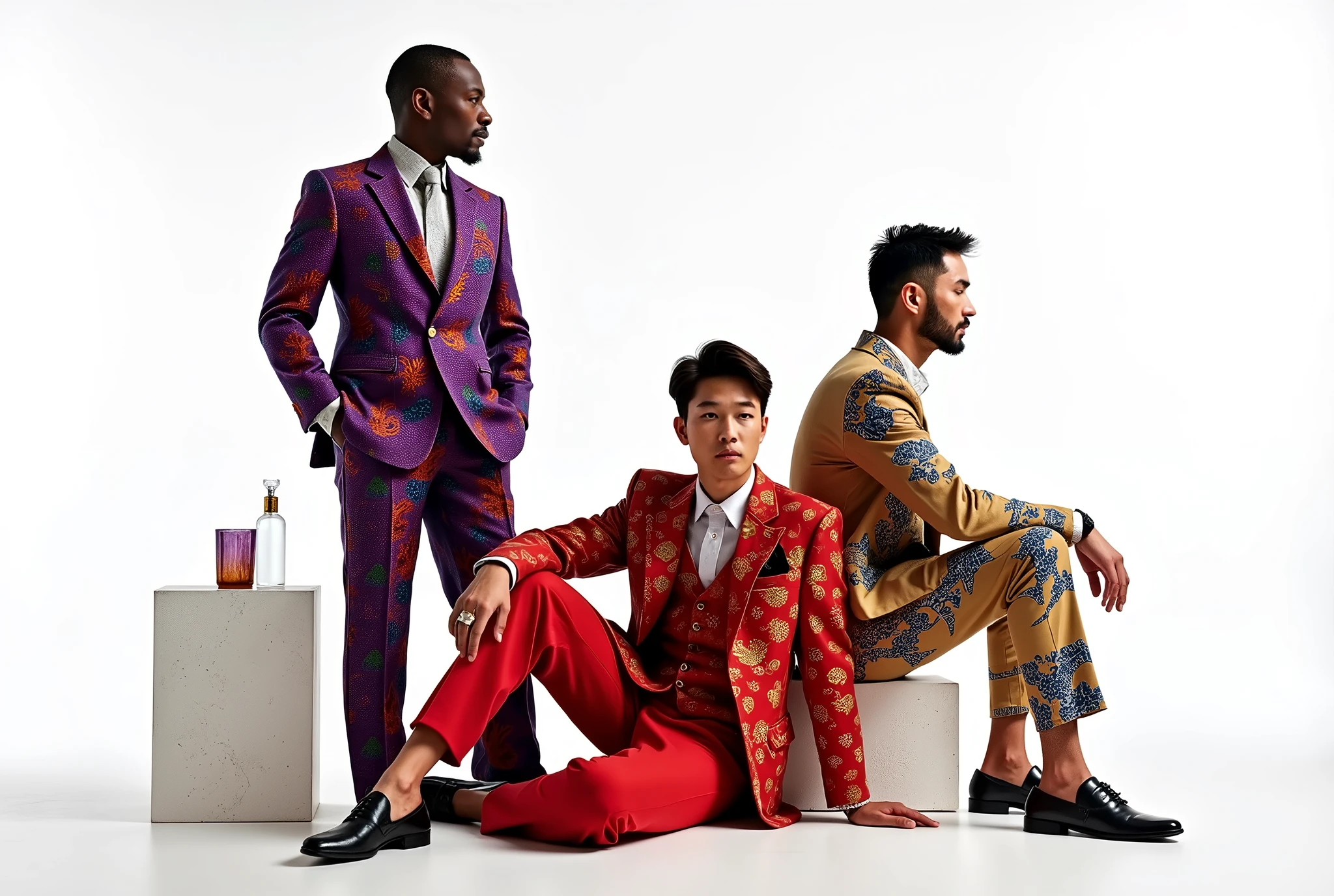 black guy wearing purple suit with african colorfull patterns standing side profile and looking back to the viewer , ((korean guy)) wearing red suit with chinese colorfull patterns sitting , ((turkish guy)) wearing beige suit with arabic colorfull patterns standing and posing , cinematic ,((posing different poses)) white background , photo shooting ,models ,full body , oversize pants, rings 