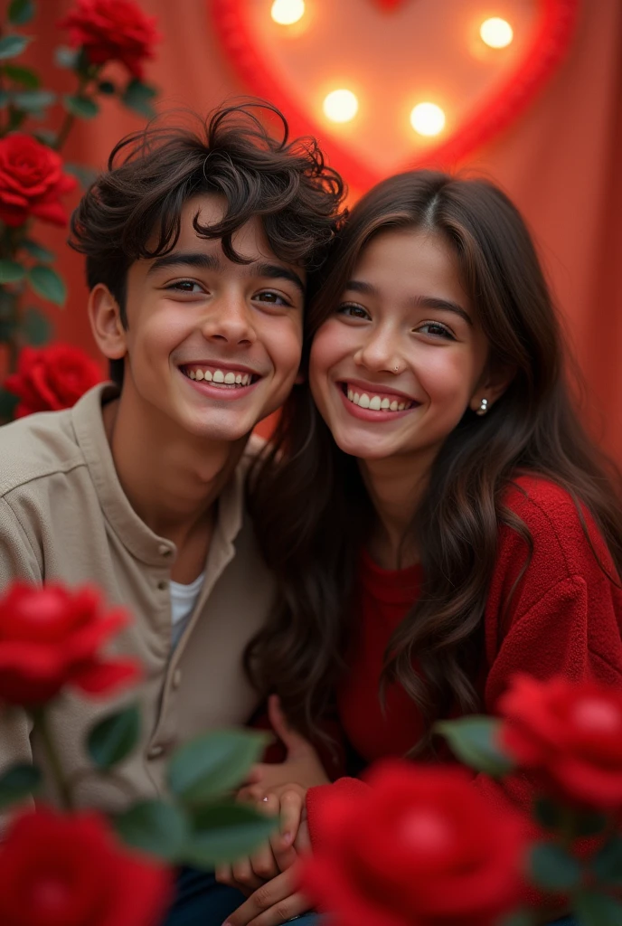 A age duo, a boy with brown hair, brown eyes, and a girl with long brown hair and brown eyes, grinning happily while seated atop the caption 'Zain and Madina.' The scene is adorned with lifelike red hearts and blooming red roses in the backdrop. Craft an ultra-HD, 3D masterpiece resembling a poster or photograph, intertwining elements of typography, dark fantasy, portrait photography, fashion, and bathed in soft, enchanting light