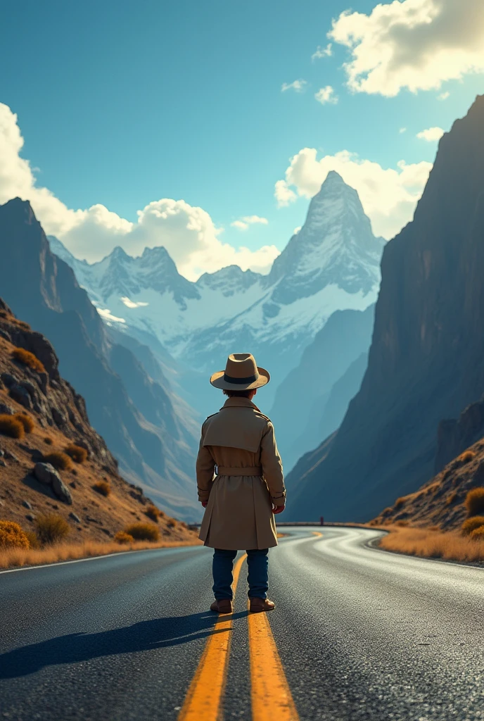 a small detective on a road at a 15 degree angle, buildings in the distance in the background, mountains on the sides, a harmonious sky, create intensity in this image