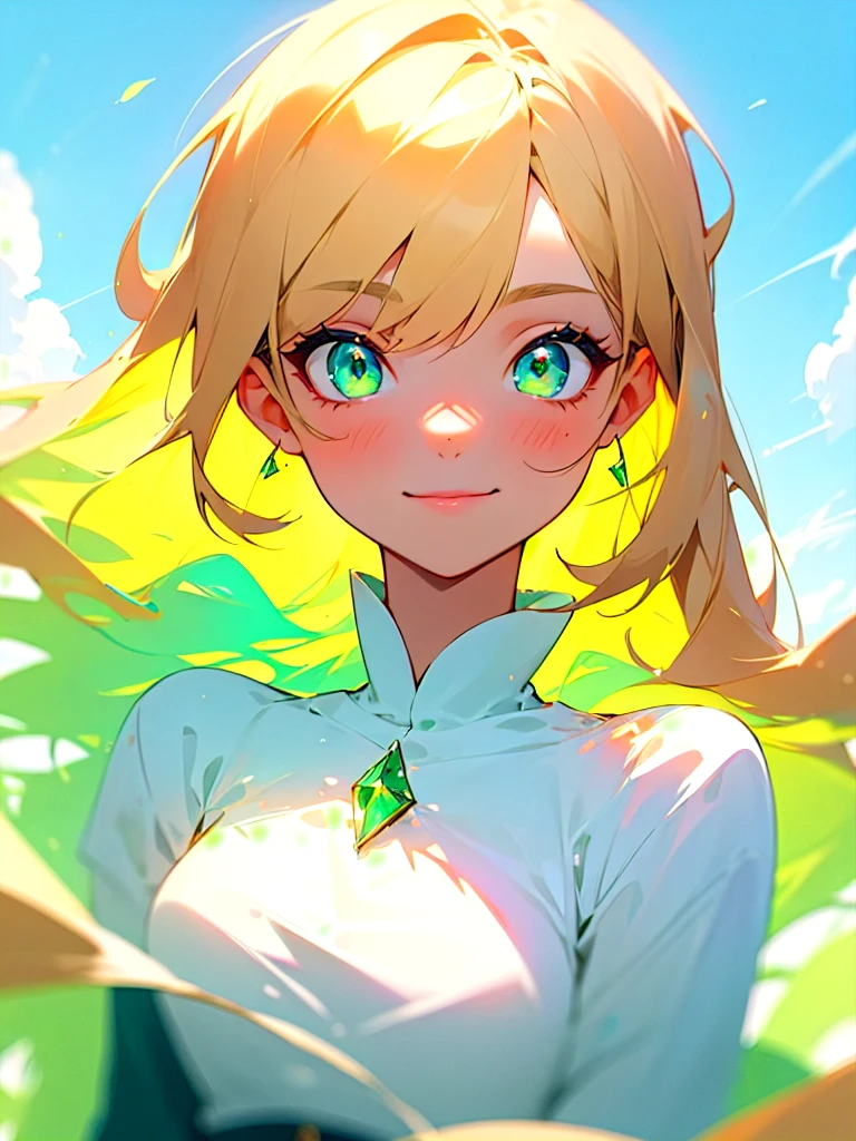 beautiful cute and gentle girl, blonde hair, green emerald eyes are glowing, shiny azure background with sky and clouds, mysterious look with gentle smile, blur and soft colors, non-portrait