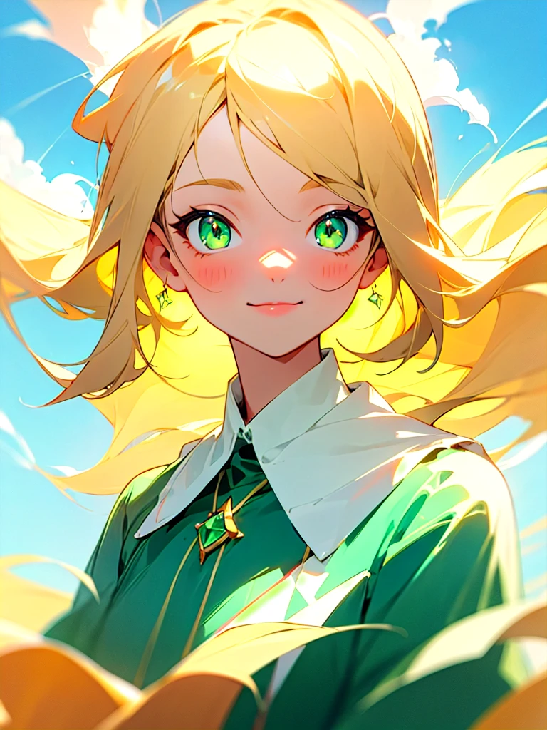 beautiful cute and gentle girl, blonde hair, green emerald eyes are glowing, shiny azure background with sky and clouds, mysterious look with gentle smile, blur and soft colors, non-portrait
