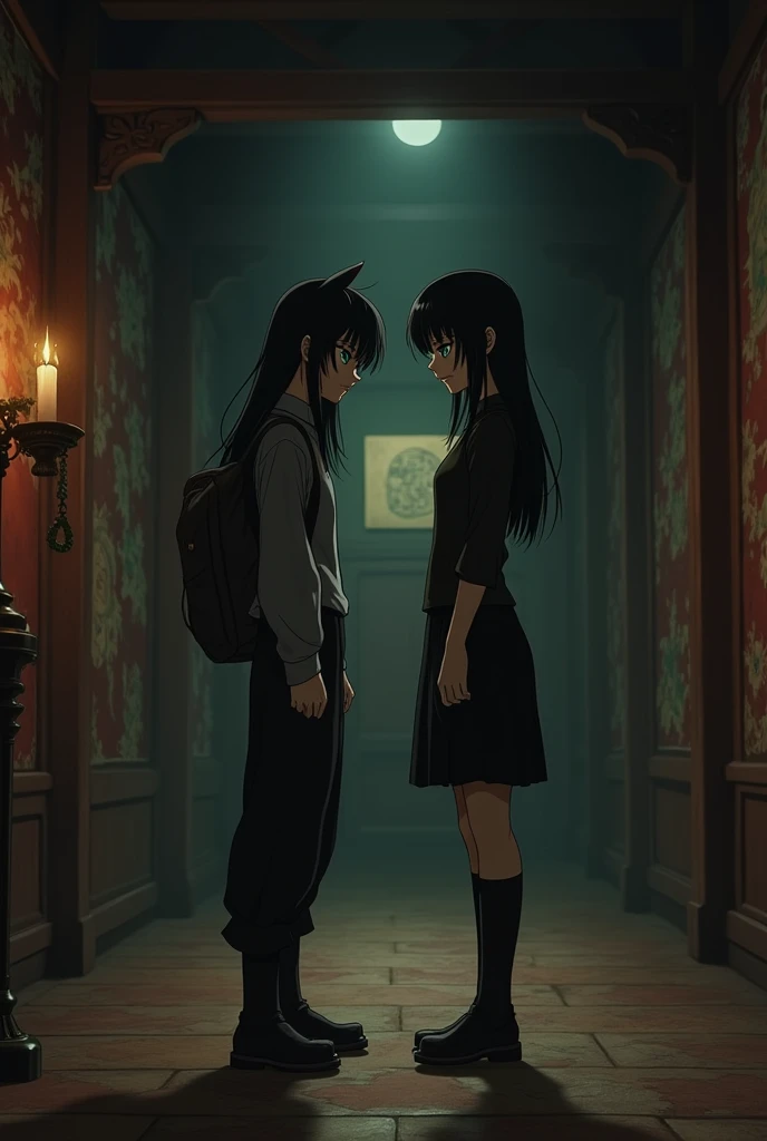 Toji Fushiguro encounters a girl with black hair, green eyes, and feline pupils within the clan. 