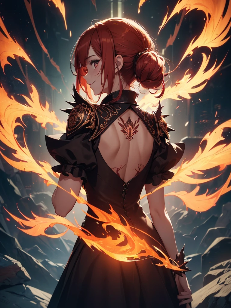 (((best quality, sharp image, clear image, cinematic lighting, 8k resolution, masterpiece, ultra detailed, intricate))) Girl casting magic, (((looking over left shoulder))), (shot from behind), ((shot from hip up)), fiery red hair, pigtails, ((intricate black dress)), ((flaming sigils, flaming runes)), spiky rock formations, (flaming lotus flowers frame), (intricate background), (chaotic background), ((Phoenix)), (swirling flames), smiling,tatoo on back