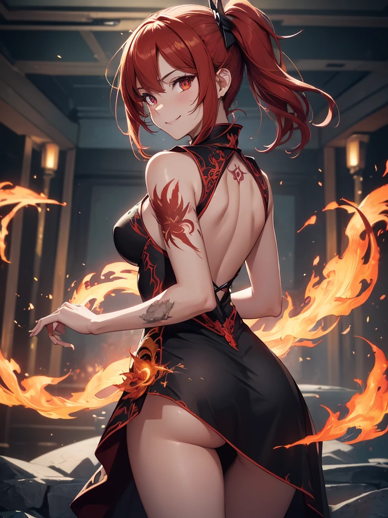 (((best quality, sharp image, clear image, cinematic lighting, 8k resolution, masterpiece, ultra detailed, intricate))) Girl casting magic, (((looking over left shoulder))), (shot from behind), ((shot from hip up)), fiery red hair, pigtails, ((intricate black dress)), ((flaming sigils, flaming runes)), spiky rock formations, (flaming lotus flowers frame), (intricate background), (chaotic background), ((Phoenix)), (swirling flames), smiling,tatoo on back