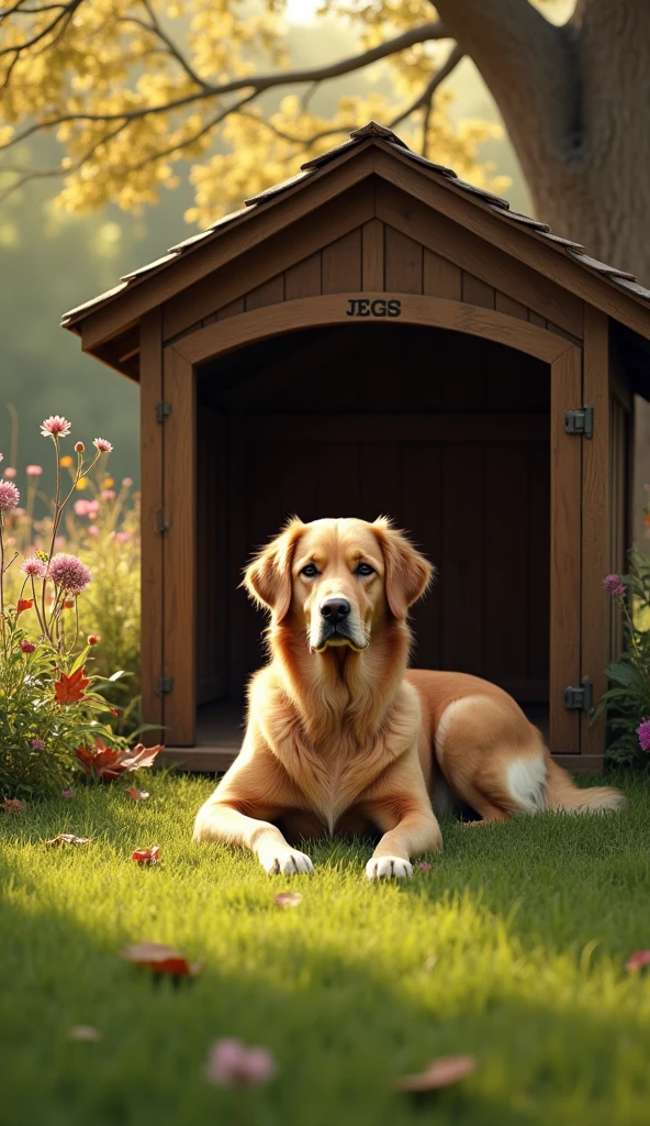 Realistic dog lying in front of its kennel. Outdoor background. Peaceful and serene scene. By pet portraitist.