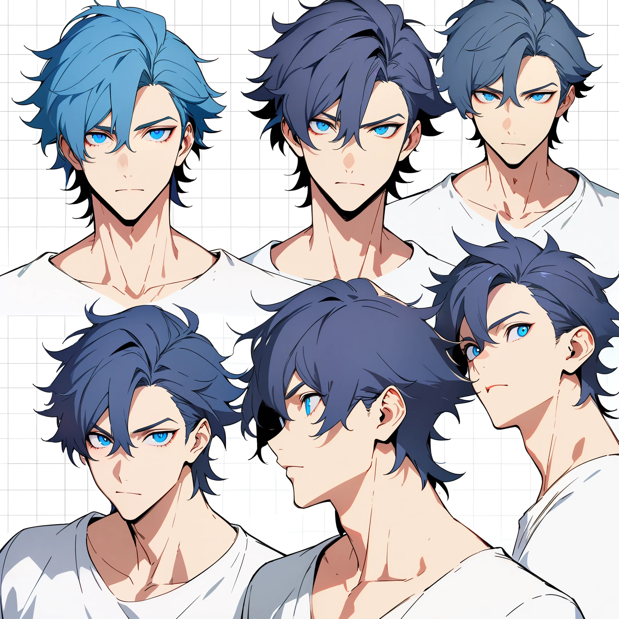 anime boy, dark blue hair, blue eyes, head, same boy, different angles, grid, 9 faces, high quality, concept, handsome, spiky hair, perfect lineart, sharp lineart, best quality, high quality, best quality, ultra-detailed, HD, beautiful lighting,
