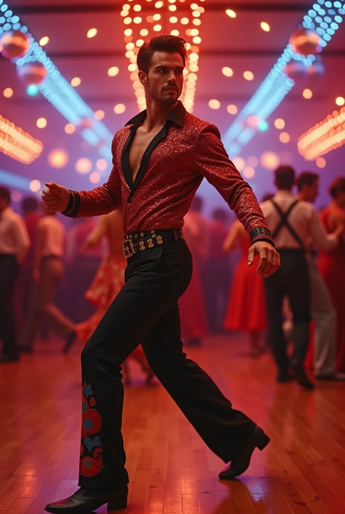Create an image of a man from the 80s or 90s who is a salsa dancer.