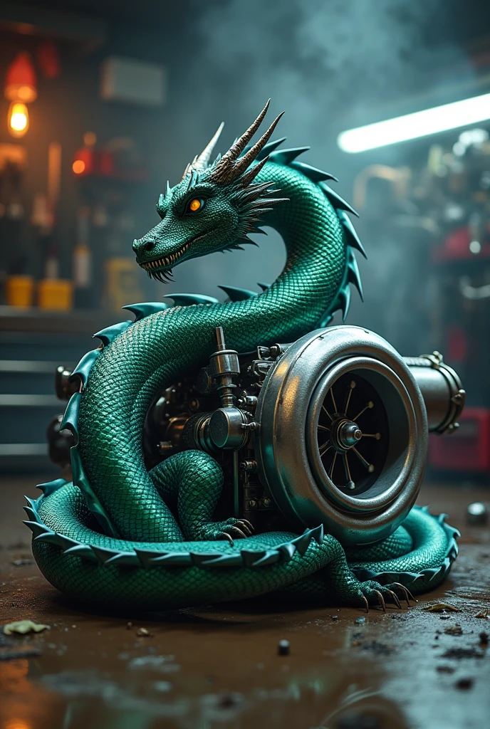 Draw a turbo and a dragon wrapping around the turbo